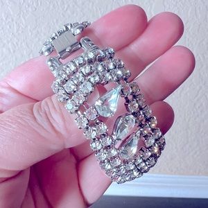 Vintage Clear Crystal Rhinestone Wide Bracelet, Wedding Jewelry, Bridesmaid fav